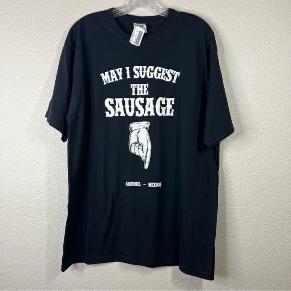 Mens Graphic T Shirt May I Suggest The Sausage Pointing Hand Black Large - Picture 1 of 6